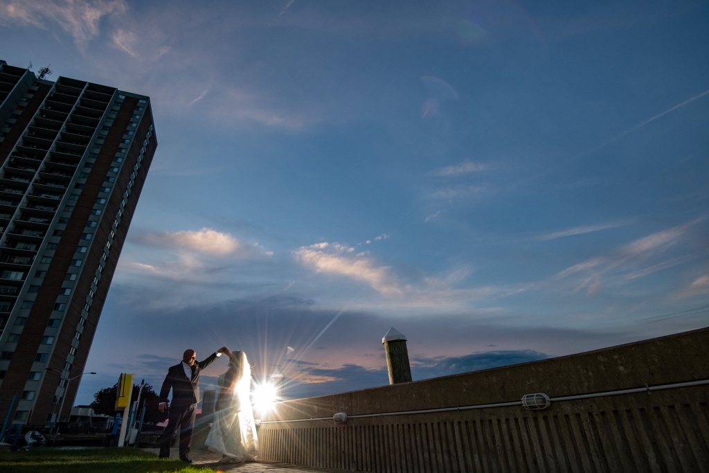 newlyweds in street photography shot from a low angle